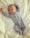 A smiling baby lies on a bed wearing a light blue onesie with cute animal patterns. The arms are raised, and the baby looks content and comfortable on the soft, white bedding.