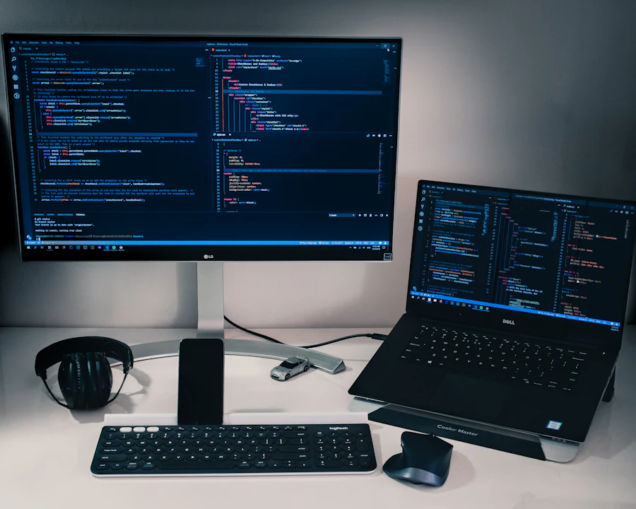 Desk setup with code monitors