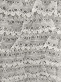 Intricate geometric lace with bold black thread on white fabric.