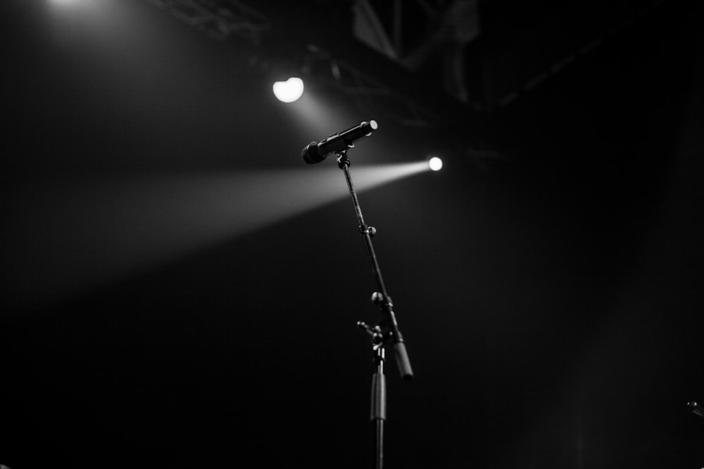 greyscale photo of microphone near spotlight