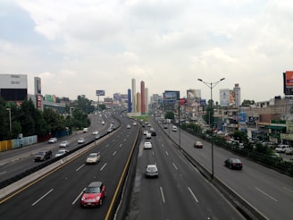 A busy multi-lane highway is flanked by commercial buildings with various advertisements and billboards. Cars are traveling in both directions, and the road is divided by a barrier. In the background, there are colorful vertical structures and a cloudy sky.