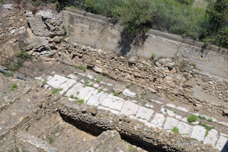 An ancient stone structure, possibly part of an archaeological site, with layers of rock walls and a paved stone path. Overgrown grass and small plants are sprouting between the stones and along the walls. The scene is framed by a concrete retaining wall at the back, topped with a fence, and surrounded by greenery.