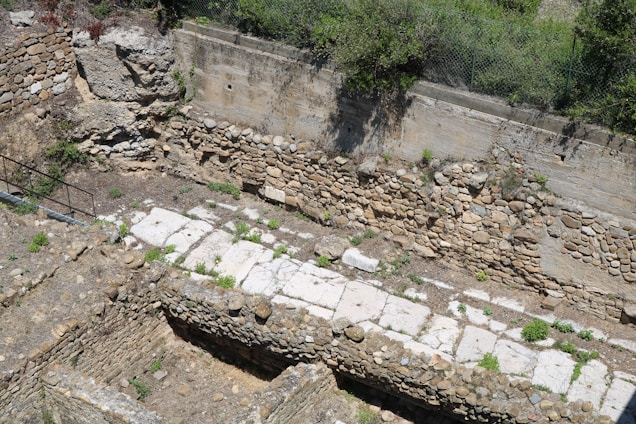 An ancient stone structure, possibly part of an archaeological site, with layers of rock walls and a paved stone path. Overgrown grass and small plants are sprouting between the stones and along the walls. The scene is framed by a concrete retaining wall at the back, topped with a fence, and surrounded by greenery.