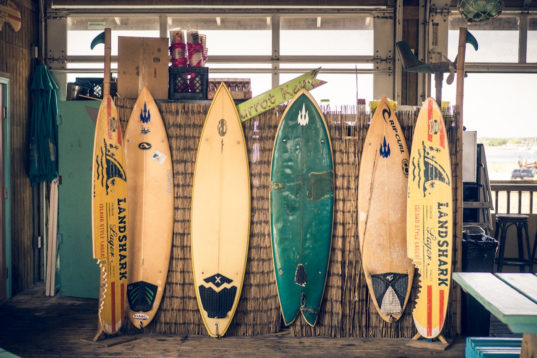 six assorted-color surfboards on brown board, Details in the Landshark. Love the details in this restaurant.