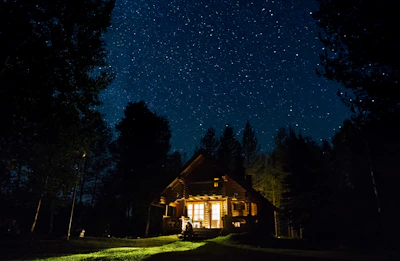 A cozy Airbnb cabin nestled among tall trees with warm lights glowing inside.
