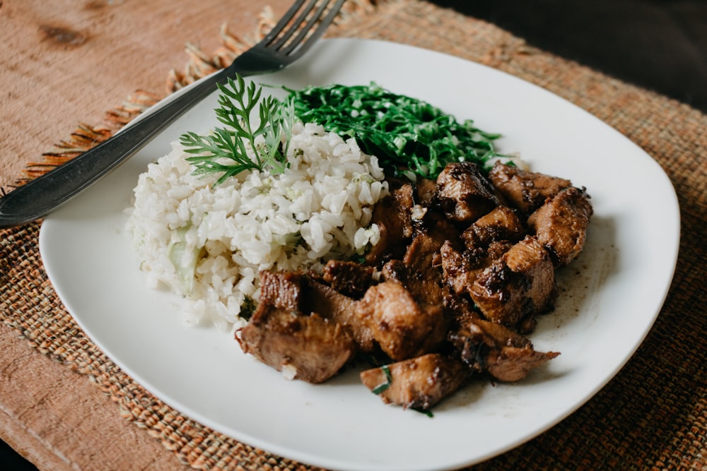 cooked meat and rice on plate