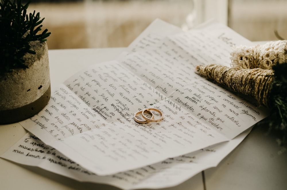 wedding ring on top of white paper