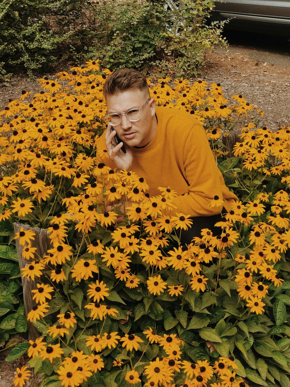 man wearing brown sweater docking in sunflowers