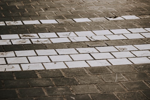 A paved surface composed of rectangular bricks in alternating rows of gray and white. The white bricks have some marking and dirt on them, while the gray bricks have a more uniform appearance.
