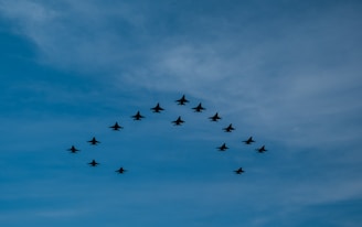 A formation of fighter jets flying in a V-shape against a backdrop of a clear blue sky.