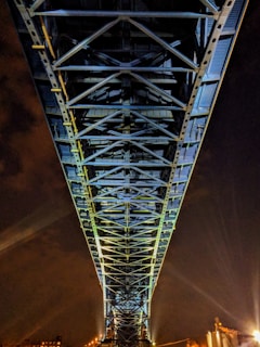 A nighttime shot of a well-lit infrastructure project, highlighting the intricate network of beams and supports.
