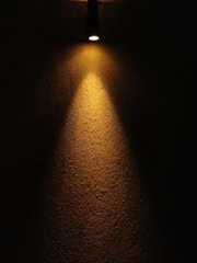 Wallwasher LED lights illuminating a textured wall in a commercial setting.