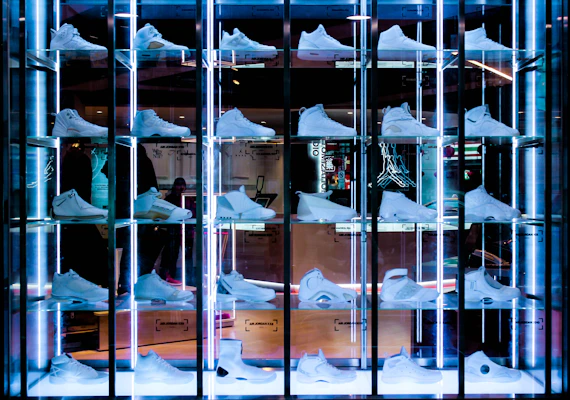 Bright, cozy display of carefully selected American sneakers in soft natural light with pastel backgrounds.