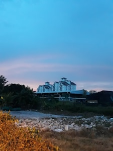 A series of tall, white residential buildings with multiple windows are set against a clear sky with hues of blue and pink. In the foreground, there is a patch of land covered with rocks and dry grass, surrounded by greenery, suggesting a developing area.