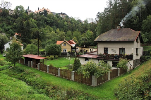 Several houses surrounded by lush greenery and trees in a hilly area. The houses are fenced, and there is smoke coming from the chimney of the largest house, indicating a cozy atmosphere. The landscape is serene, with vibrant grass and dense forest in the background.