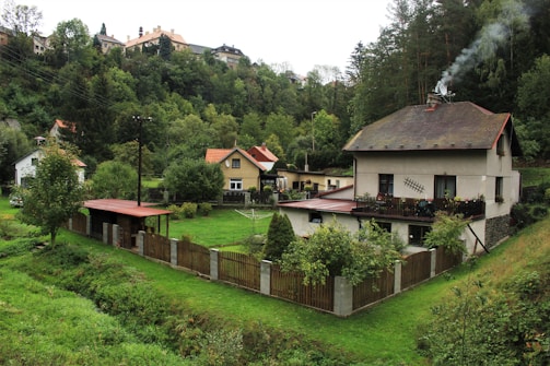 Several houses surrounded by lush greenery and trees in a hilly area. The houses are fenced, and there is smoke coming from the chimney of the largest house, indicating a cozy atmosphere. The landscape is serene, with vibrant grass and dense forest in the background.