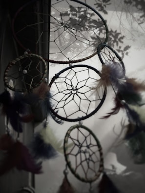 A group of dreamcatchers with intricate web patterns hang in front of a window. Feathers and beads adorn the sides, adding texture to the delicate design. The background is softly lit, with silhouettes of trees visible outside, creating a serene and mystical atmosphere.