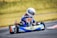 A child is driving a go-kart on a racetrack. The driver wears a white racing helmet and a blue racing suit. The go-kart displays the number 15 on the front and is primarily blue, yellow, and white in color. The background features a grassy area beside the track.