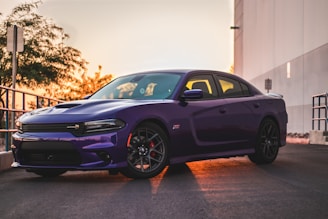 A sleek purple sports car with charcoal accents parked in an urban setting at dusk.