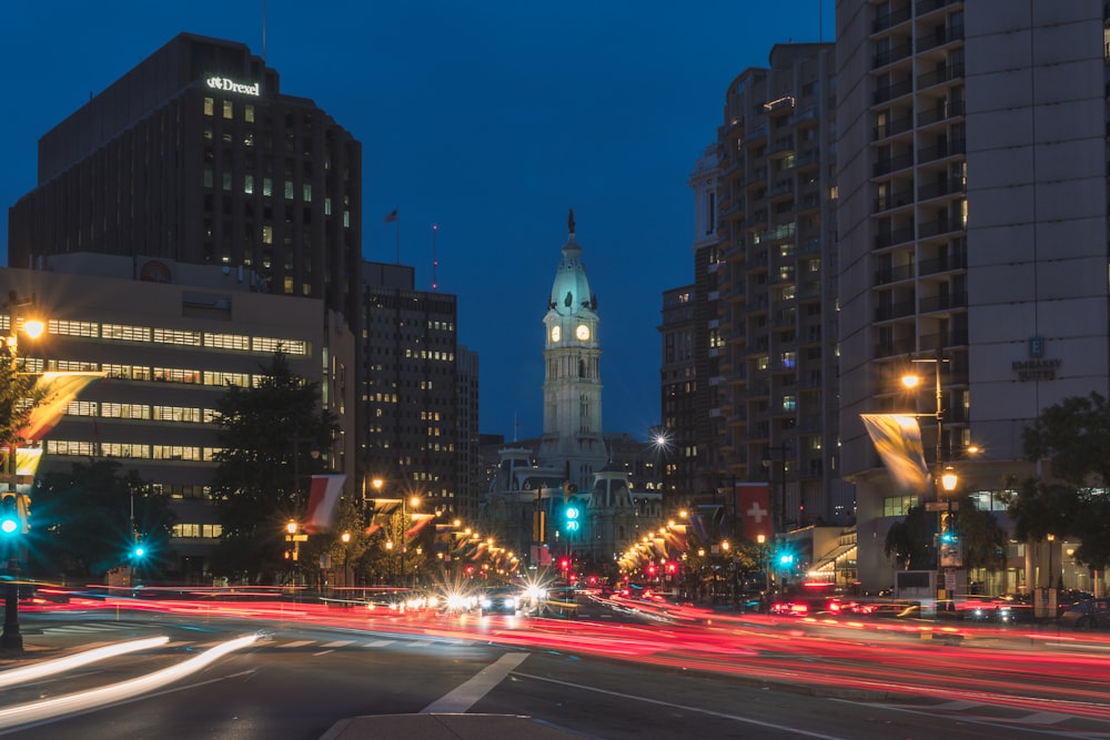 time-lapse photography of roadway at night