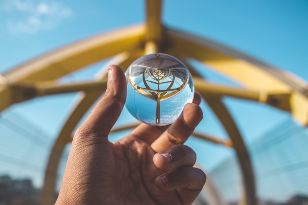 person holding clear glass ball