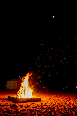 Nighttime beach bonfire glowing softly against starry sky.