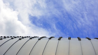 A curved, metallic structure with evenly spaced black fasteners against a backdrop of a vibrant blue sky with scattered white clouds.