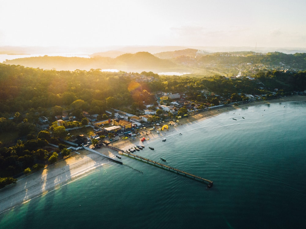 aerial view of beach resort during sunrise