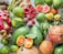 A vibrant assortment of fresh fruits and vegetables, including pomegranates, dragon fruit, figs, guavas, and avocados, arranged on a light surface. The produce is varied, with a mix of green, red, orange, and pink hues, showcasing their natural textures and colors.