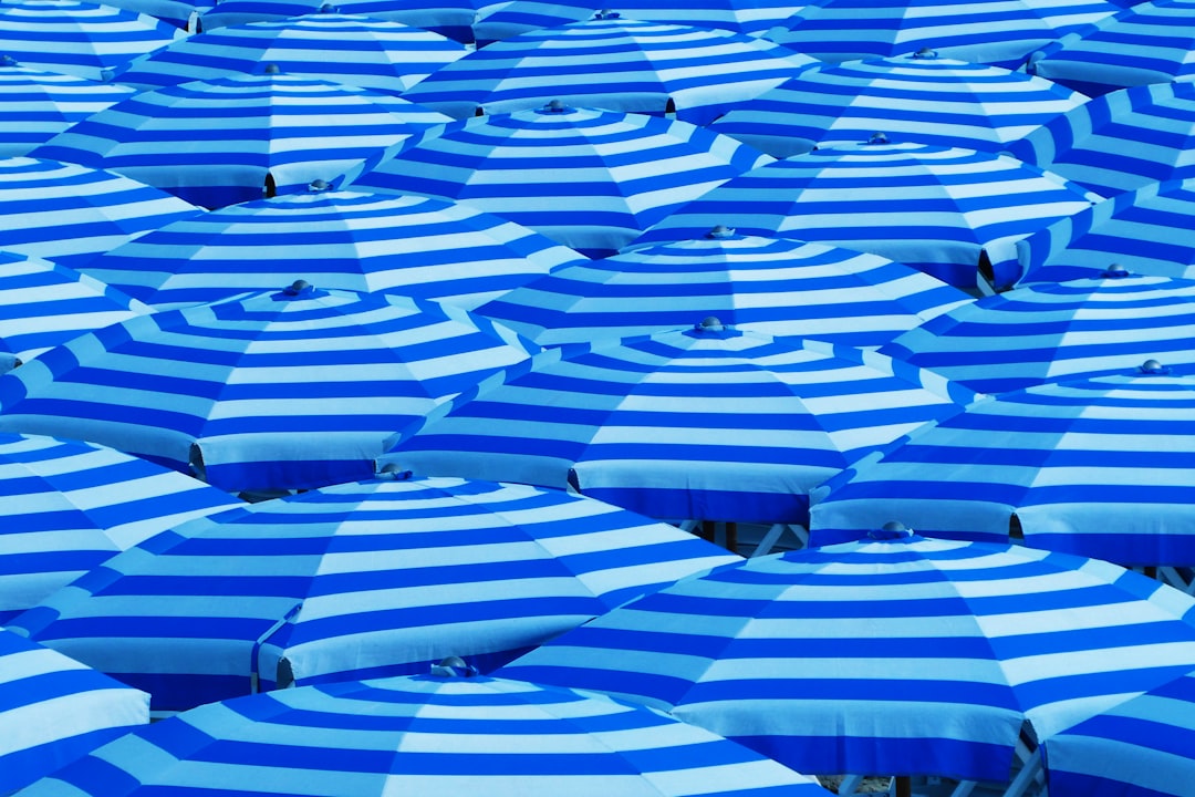 blue-and-white umbrellas