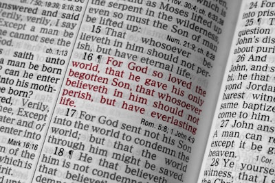 An open Bible displaying a passage highlighted in red text, specifically John 3:16, surrounded by other passages in black text. The pages are close together, showing columns of text with verse numbers.