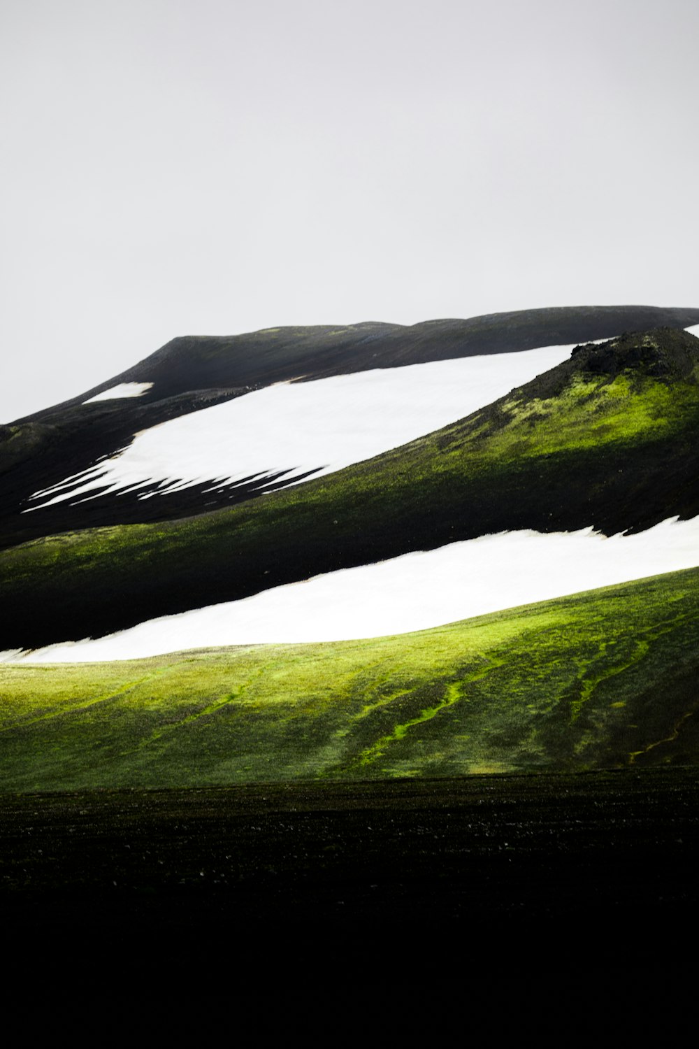 green mountain range under white sky