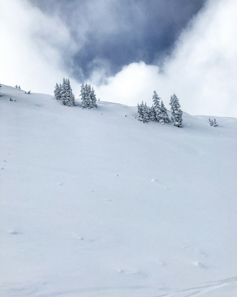 曇り空の下、雪に覆われ��た山の写真
