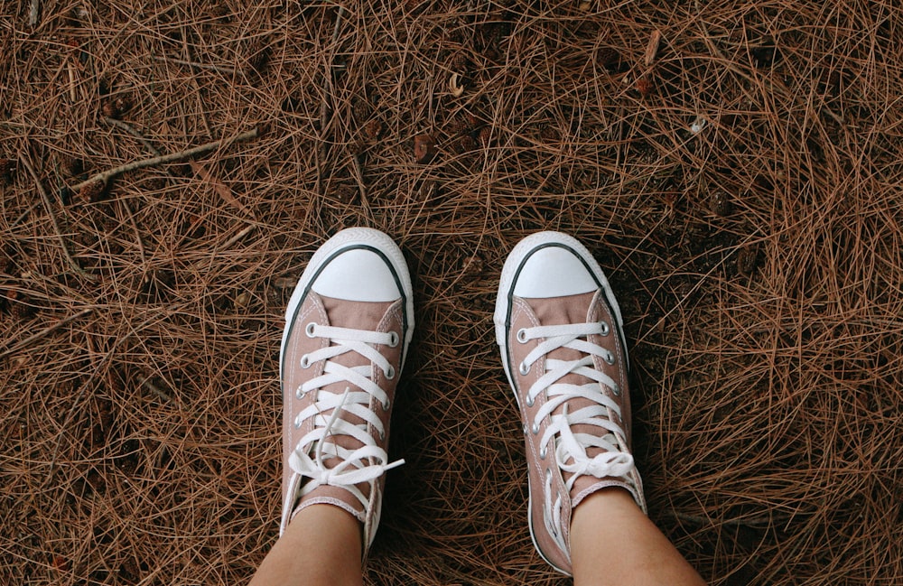pair of brown-and-white low-top sneakers
