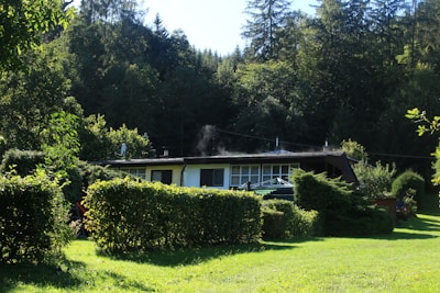 A small house is nestled in a lush green landscape surrounded by dense trees. The structure is modest, with a flat roof and a mix of small windows. The lawn in front is well-maintained, and hedges and shrubs add to the natural scenery. The forested background suggests a peaceful, secluded setting.