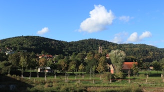 A peaceful rural church nestled among green hills under a bright blue sky.