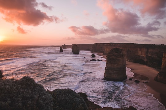 brown rock formations by the shore during sunset in The Twelve Apostles Australia