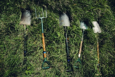 several shovels on grass