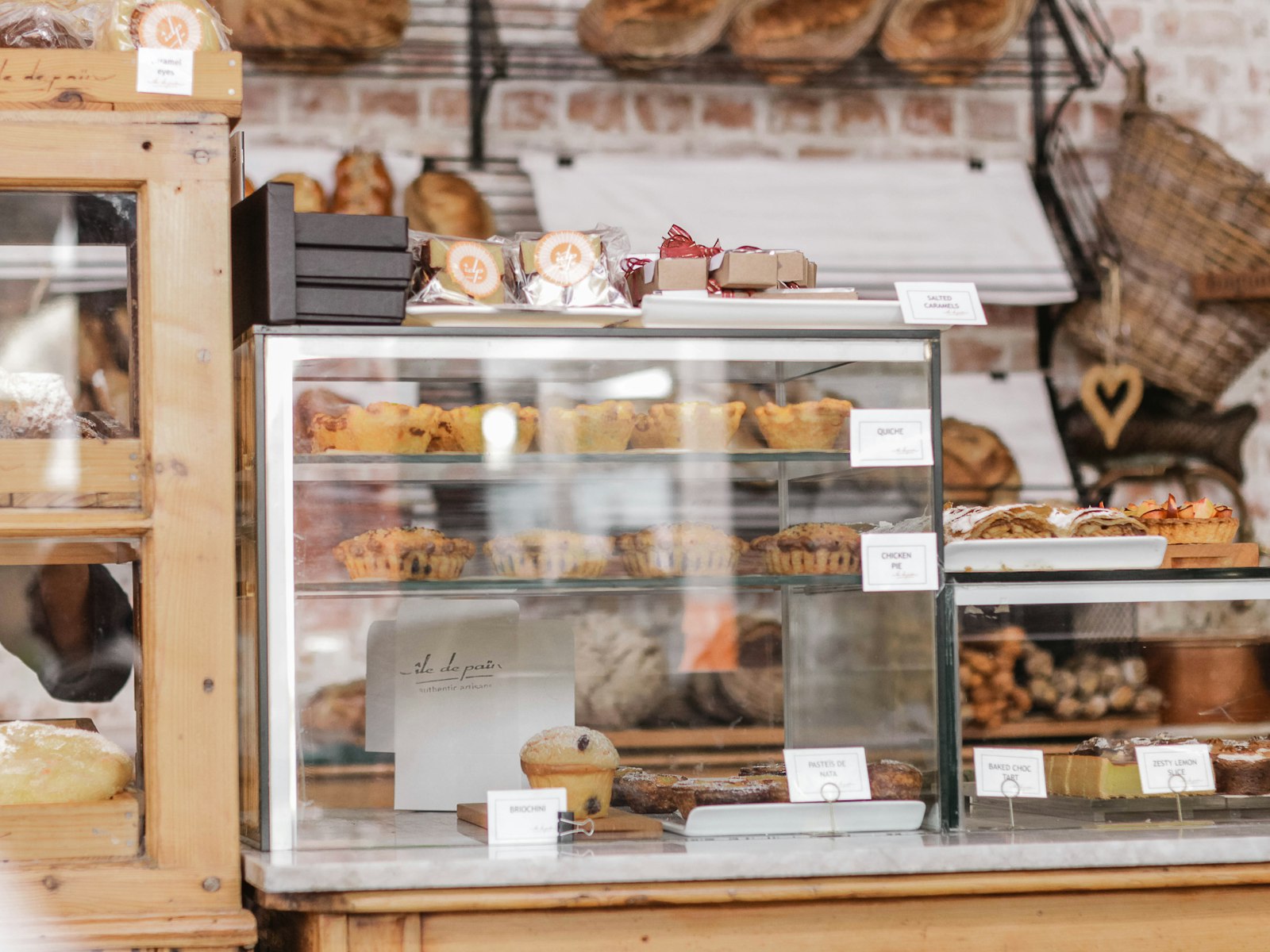 Assorted fresh pastries on display at a bakery
