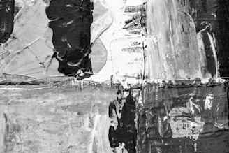 Abstract painting featuring thick brushstrokes and a textured surface. Predominantly black, white, and grey paint with various shades blending together. The composition includes sharp contrasts and a mix of angular and organic shapes.