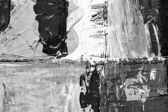 Abstract painting featuring thick brushstrokes and a textured surface. Predominantly black, white, and grey paint with various shades blending together. The composition includes sharp contrasts and a mix of angular and organic shapes.
