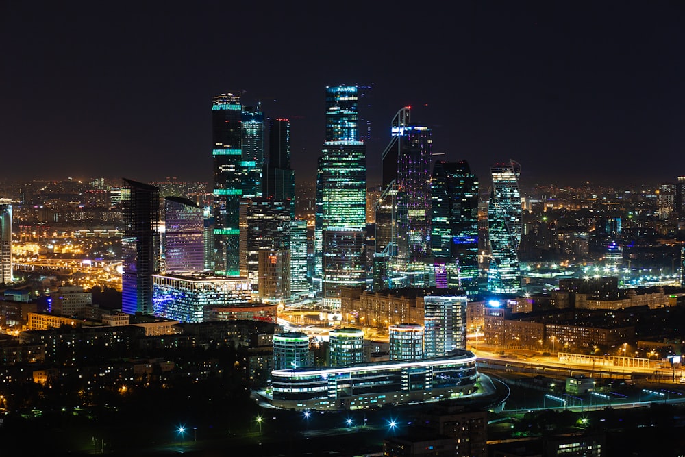 aerial photo of city buildings during nighttime