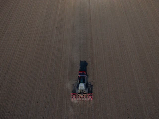A tractor mowing a vast agricultural field with neat, even rows.
