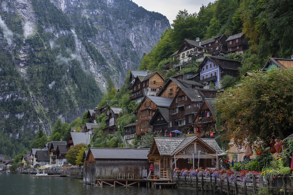 brown wooden village beside of body of water