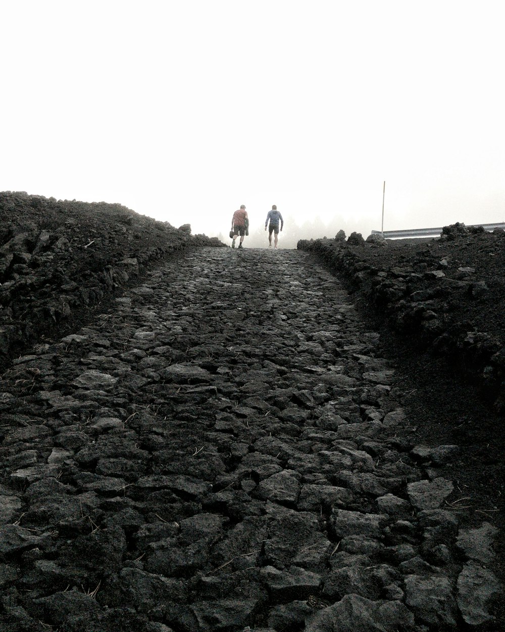 photo of two persons walking on rocky pathway