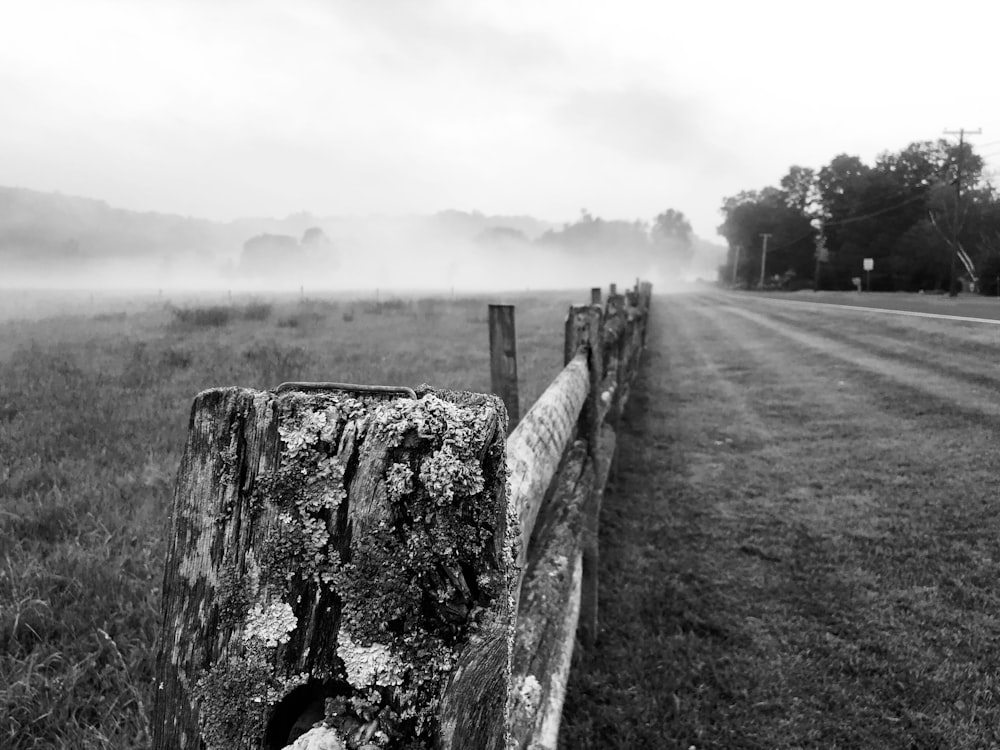 Fotografía en escala de grises de valla de madera