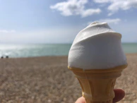 Close-up of a creamy, all-natural soft serve cone topped with fresh local berries against a bright blue sky.