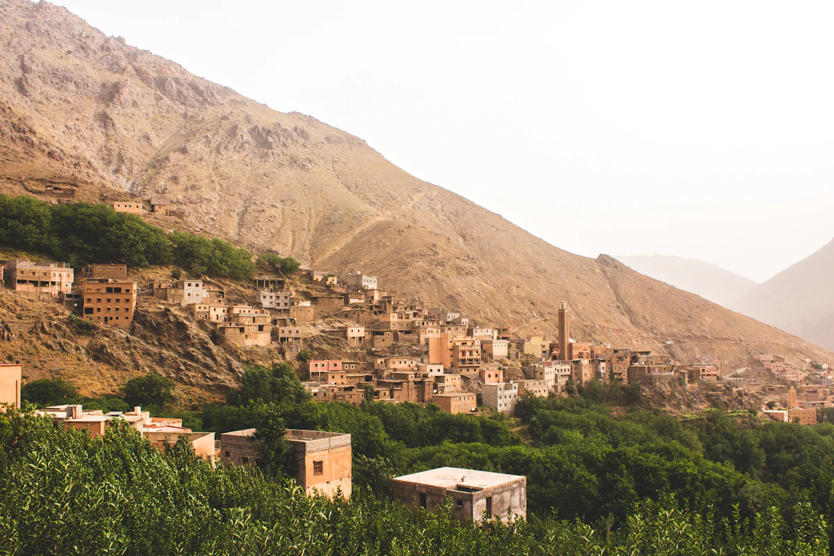 Berber houses on the hillsides above Imlil, High Atlas, Morocco