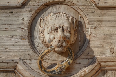 A detailed wooden carving of a lion's head, mounted on a rustic wooden door. The lion is gripping a large metal ring in its mouth, reminiscent of a traditional door knocker.