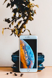 A cozy scene of a smartphone displaying a friendly plant care message next to a thriving fern in a stylish pot.